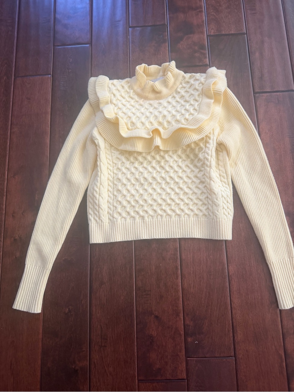 Zara Cream Ruffle Cable-Knit Turtleneck Sweater